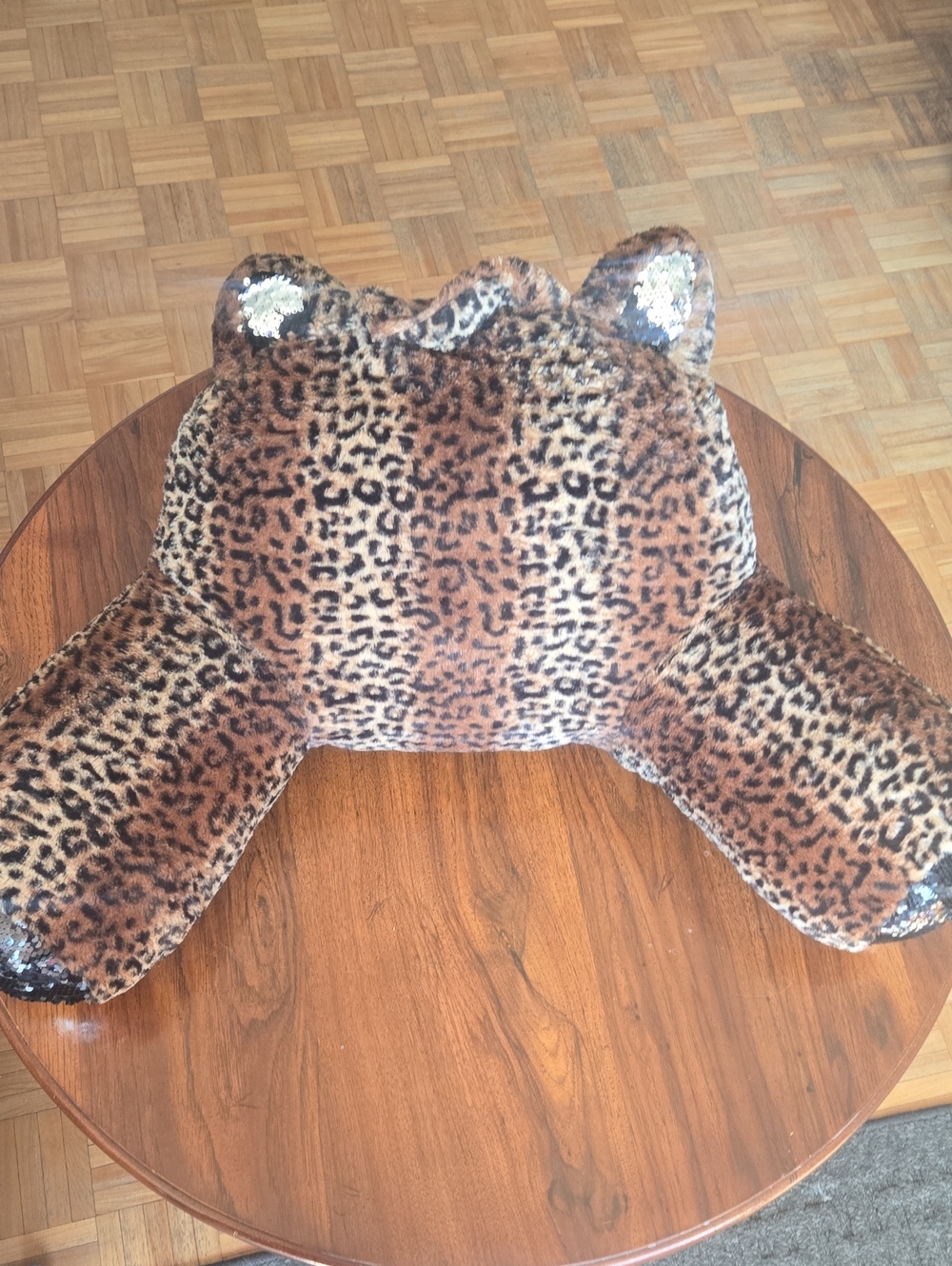 Leopard Print Plush Armrest Pillow with Sequin Black To Silver Ear Accents